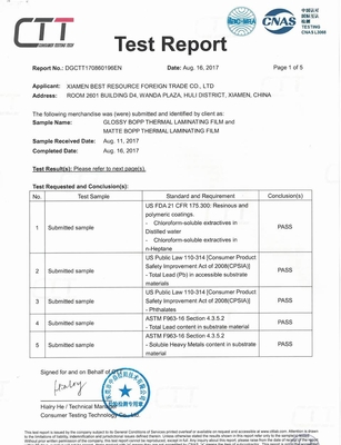 Certificat thermique brillant/mat de FDA de film de stratification du blanc BOPP passé